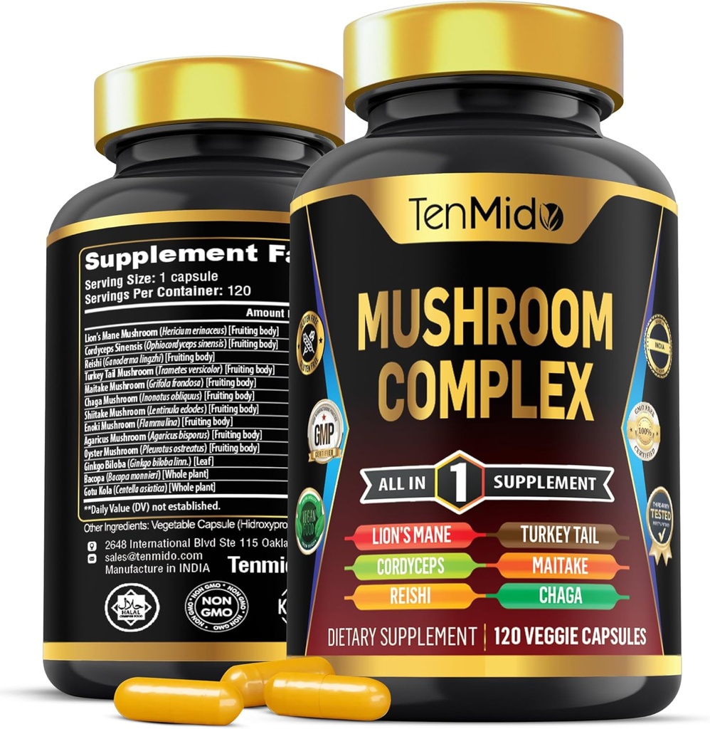 Supplément complexe de champignons - Formule 13in1 - Mélanger le champignon de la Manille de Lion, Cordyceps Sinensis, Reishi, Turquie Tail, Maitake, Chaga, Shiitake, Enoki, et plus - 120 capsules pour 4 mois d'approvisionnement