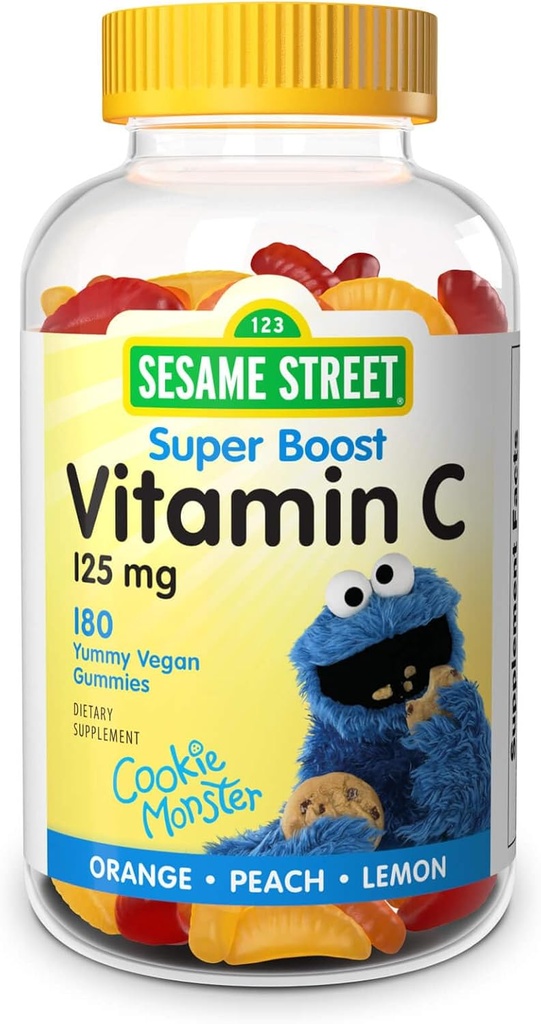 Webber Naturals Sésame Street Vitamine C Gommies pour enfants 2+, 125 mg de vitamine C par gommy, 6 mois d'approvisionnement, sans gluten, laiterie, arachide et gélatine, soutien immunitaire, 180 gommies