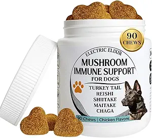 Supplément de champignons de soutien immunitaire pour chiens - Soutiens Longévité, Cognition, Hygiène articulaire, Cellulaire et Gut - All Natural Organic, GrainFree - Aide pour les lumps et les bouffées, Arôme de poulet - 90 Chews