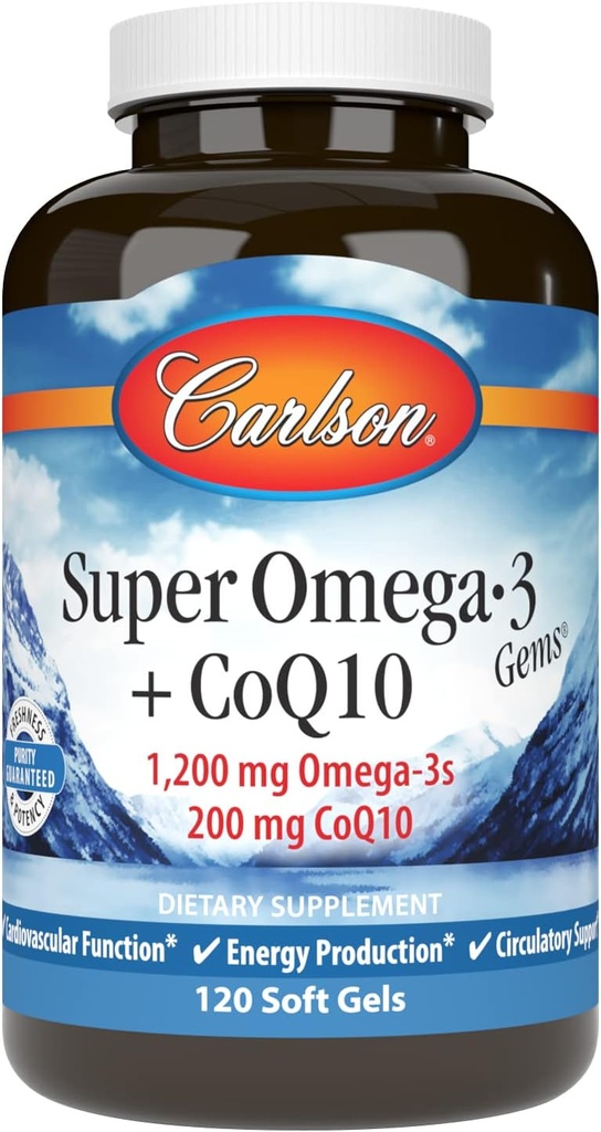 Carlson - Super Omega-3 Gems + CoQ10, 1200 mg Omega-3s 200 mg CoQ10, fonction de circulation, production d'énergie et support circulatoire, 120 Softgels