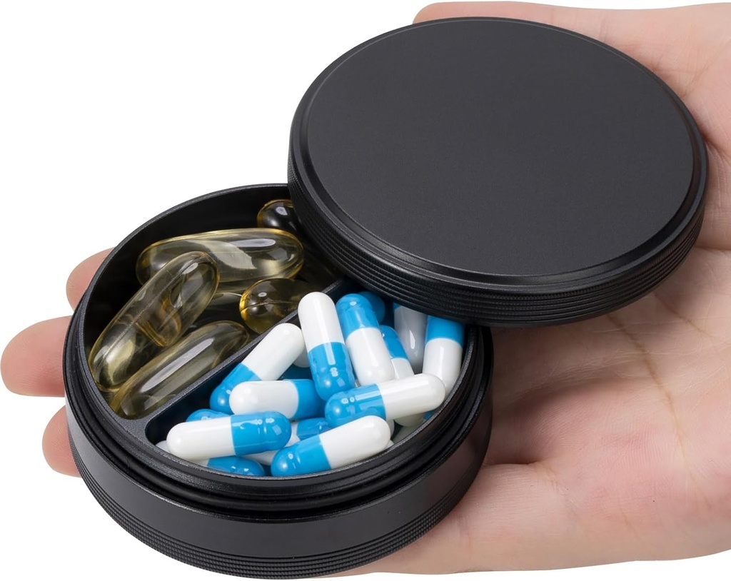 Pill Box 2 Compartment Pill Case - Portable Metal Pill Container for Pocket or Purse, Waterproof Pill Organizer Holder for Medicine Vitamine Fish Oil and Supplements