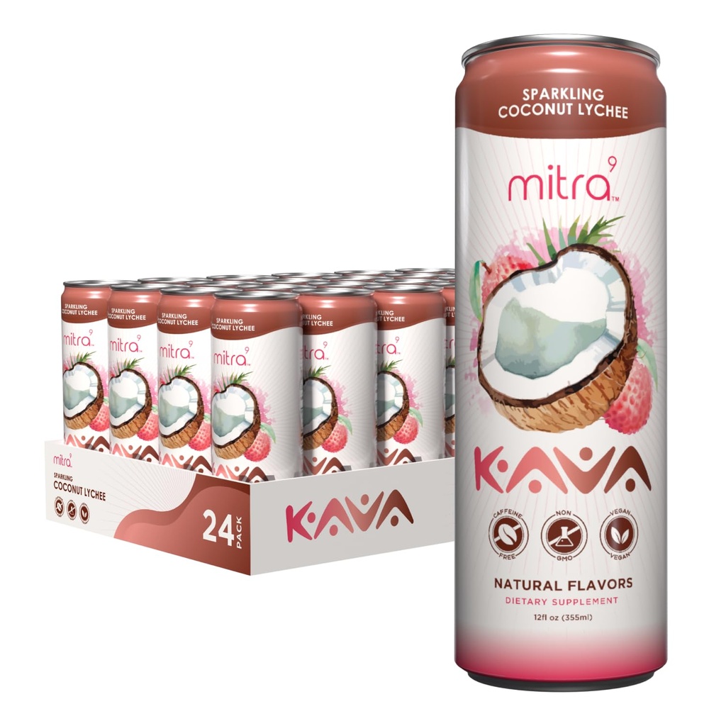 MITRA-9 Boissons botaniques - Coconut Lychee Sparkling Kava boisson avec extrait de racine de kava - Enhancer d'humeur - Basé sur les plantes - favorise le calme naturel et la clarté (12 Fl. Oz) (24)