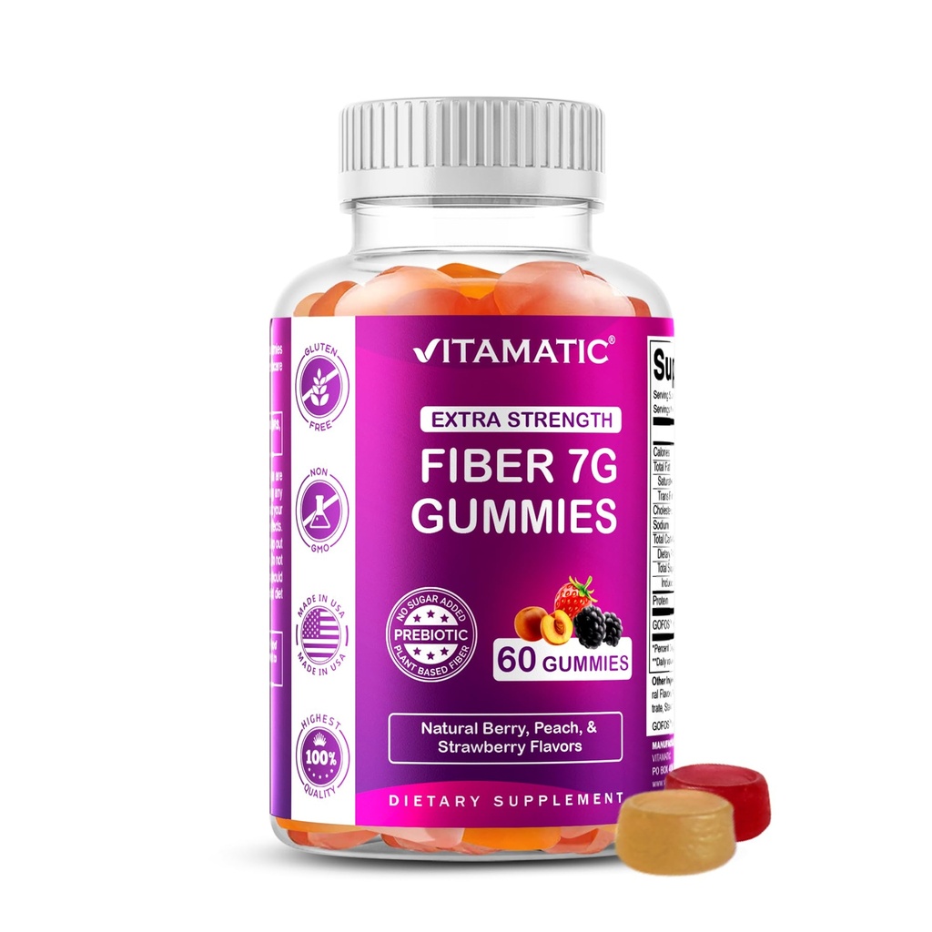 Gommies prébiotiques Vitamatic pour adultes – 7g de fibre par portion – 60 Gommies à base de pectine Extra Strength, Zéro sucre ajouté – soutient la santé et la régularité digestives – non-OGM, végétalien, sans gluten