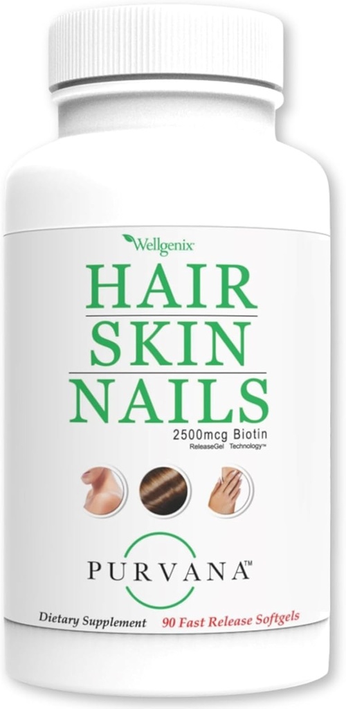 Wellgenix Purvana Cheveux, peau et ongles - Un softgel par jour - 2500mcg Biotin, DMAE, MSM, Cavalier, Extrait de graines de raisin - Anti-vieillissement, PCOS et croissance des cheveux postpartum, ongles forts (90 comte)