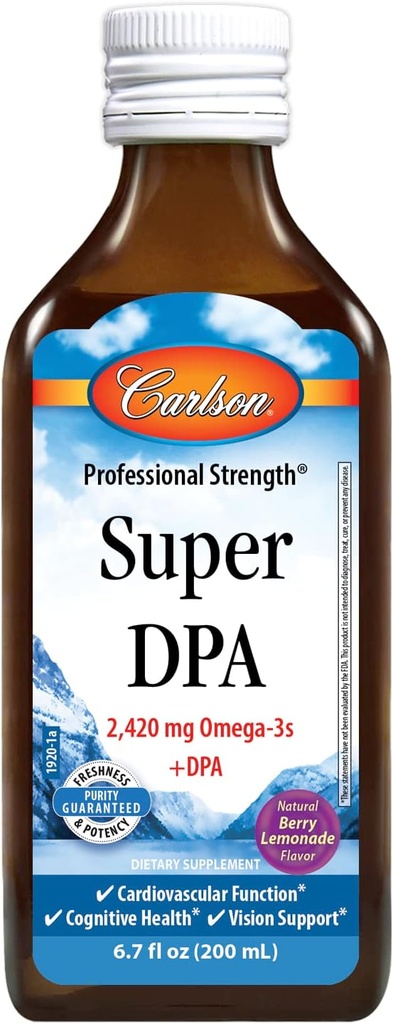 Carlson - Super DPA, 2 420 mg Oméga-3s, 300 mg DPA, Santé cardiaque, Fonction cognitive, Cimonade des baies, 200 mL (6,7 fl oz)