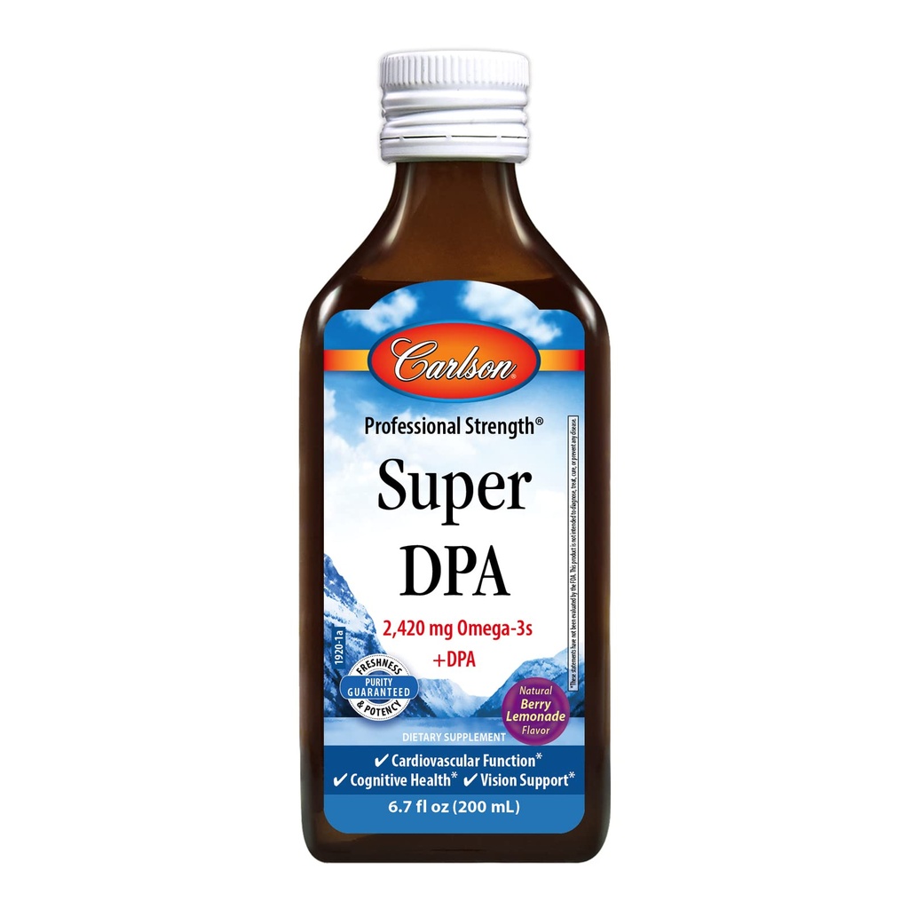Carlson - Super DPA, 2 420 mg Oméga-3s, 300 mg DPA, Santé cardiaque, Fonction cognitive, Cimonade des baies, 200 mL (6,7 fl oz)