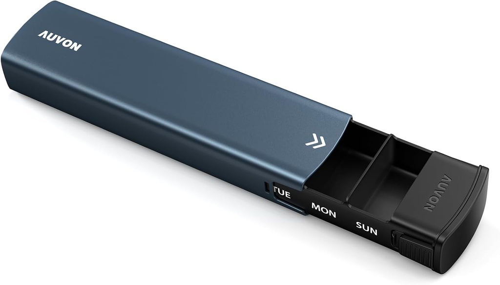 AUVON Metal Weekly Pill Organizer with Slide Design, Élégant Travel Pill Box 7 Day for Privacy Protection, boîtier en alliage d'aluminium avec grand compartiment pour suppléments, huile de poisson (bleu foncé)