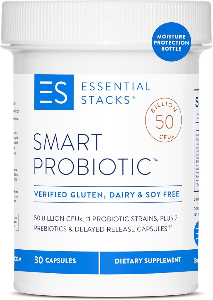 Piles essentielles Probiotique intelligent - 50 milliards d'UFC, 11 souches probiotiques, 2 prébiotiques, capsules à libération différée - Prébiotique probiotique quotidien pour les femmes et les hommes (30 capsules)