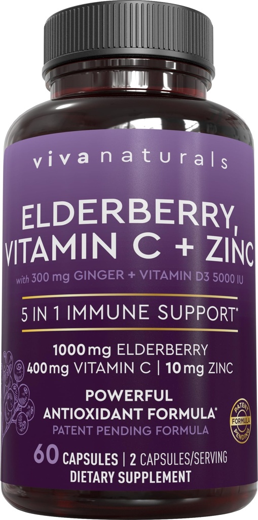 Viva Naturals Black Elderberry avec vitamine C et zinc pour adultes (60 comte) - Sambucus Elderberry Supplément de soutien immunitaire, Black Elderberry Capsules pour adultes, Suppléments pour les femmes