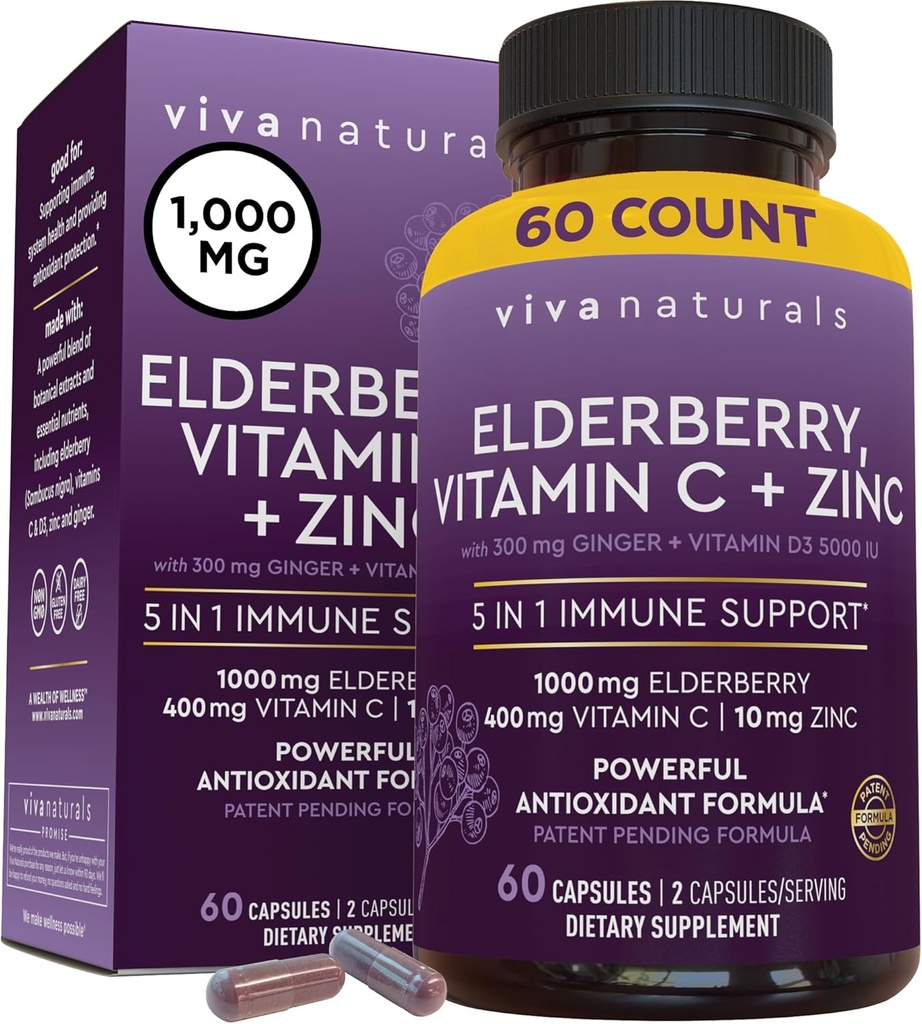 Viva Naturals Black Elderberry avec vitamine C et zinc pour adultes (60 comte) - Sambucus Elderberry Supplément de soutien immunitaire, Black Elderberry Capsules pour adultes, Suppléments pour les femmes