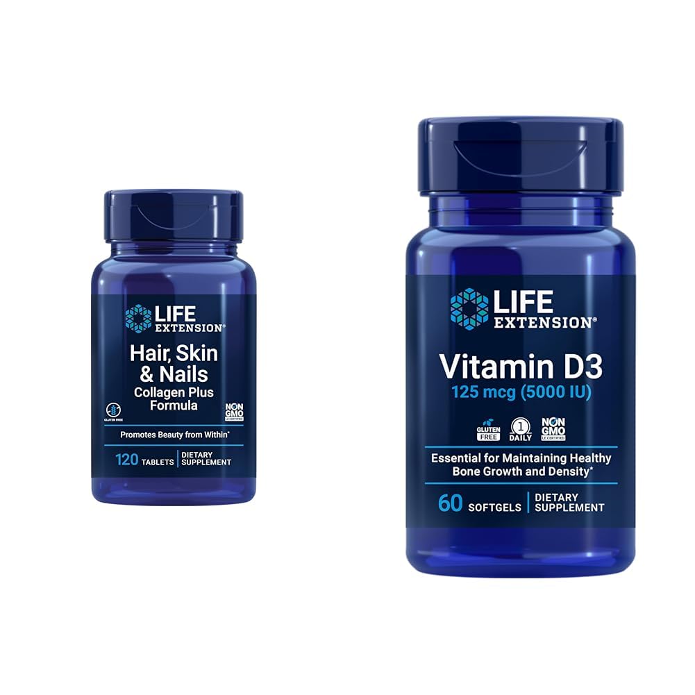 Prolongation de la durée de vie Formule Collagène Plus avec vitamine D3 5000 UI - Promotion du collagène, de la kératine, des os, du cerveau, de l'immunité et de la santé des ongles - 120 Count & 60 Softgels