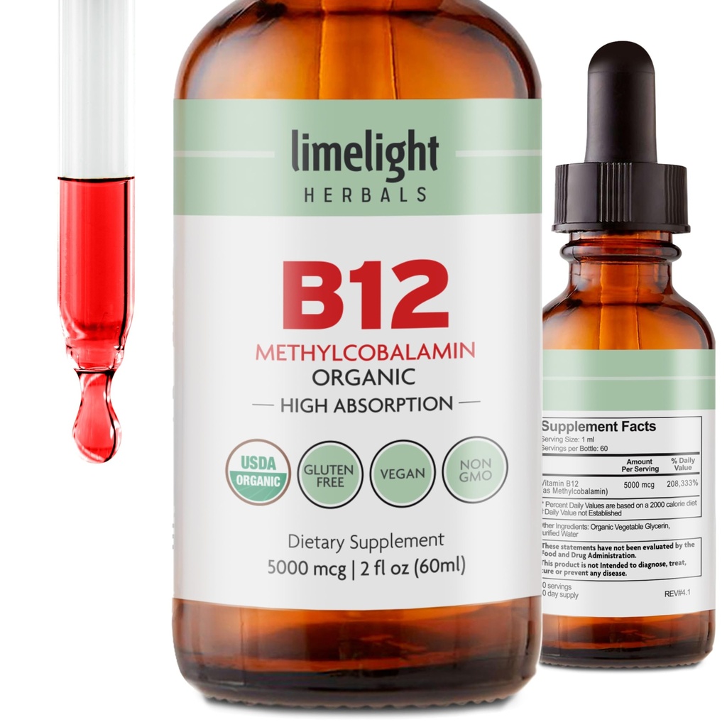 USDA Vitamine biologique B12 gouttes liquides – 5000 mcg de méthylcobalamine – Sublingual, supplément végétalien à absorption rapide – énergie, métabolisme, cerveau, coeur et soutien immunitaire – sans alcool, 60 portions, États-Unis Fabriqué