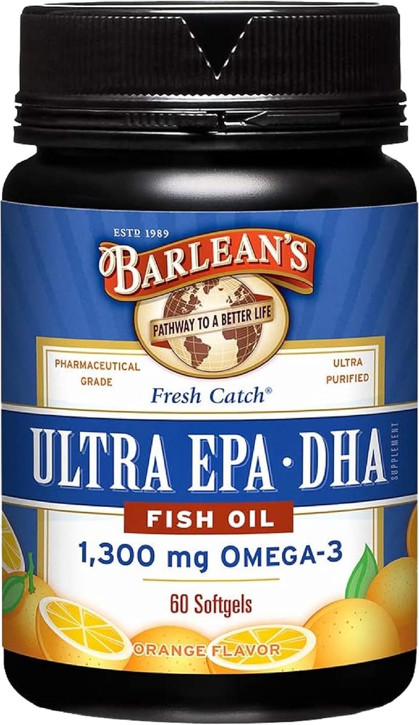 Barlean's Omega 3 Suppléments à l'huile de poisson, suppléments softgels pour les hommes et les femmes, 1300 mg d'acides gras de l'EPA et du DHA, aromatisé orange, 60 Compte