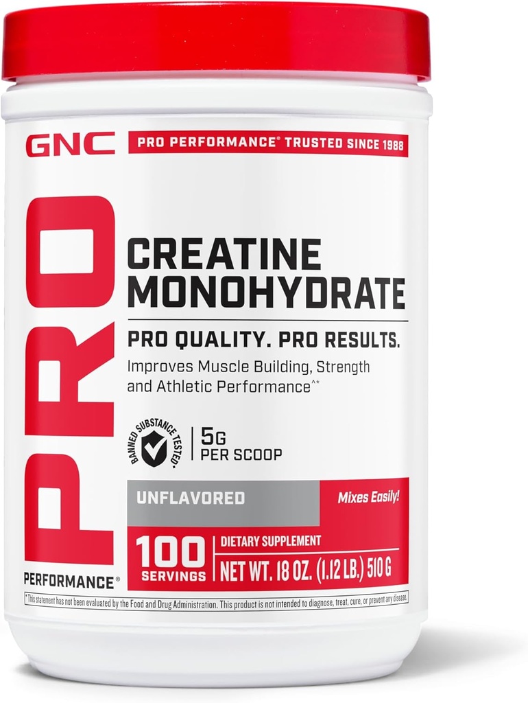 GNC Pro Performance Poudre monohydratée pour femmes et hommes, 5g de créatine par portion, bâtiment musculaire, production d'énergie, endurance, performance, 100 portions