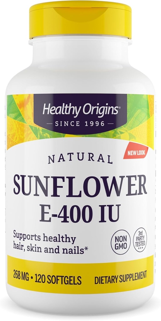 Origines saines Sunflower Vitamine E-400 UI (non-OGM, sans gluten, sans soja, soutien des cheveux, soutien des ongles, soutien de la peau, soutien cardiovasculaire), 120 Softgels