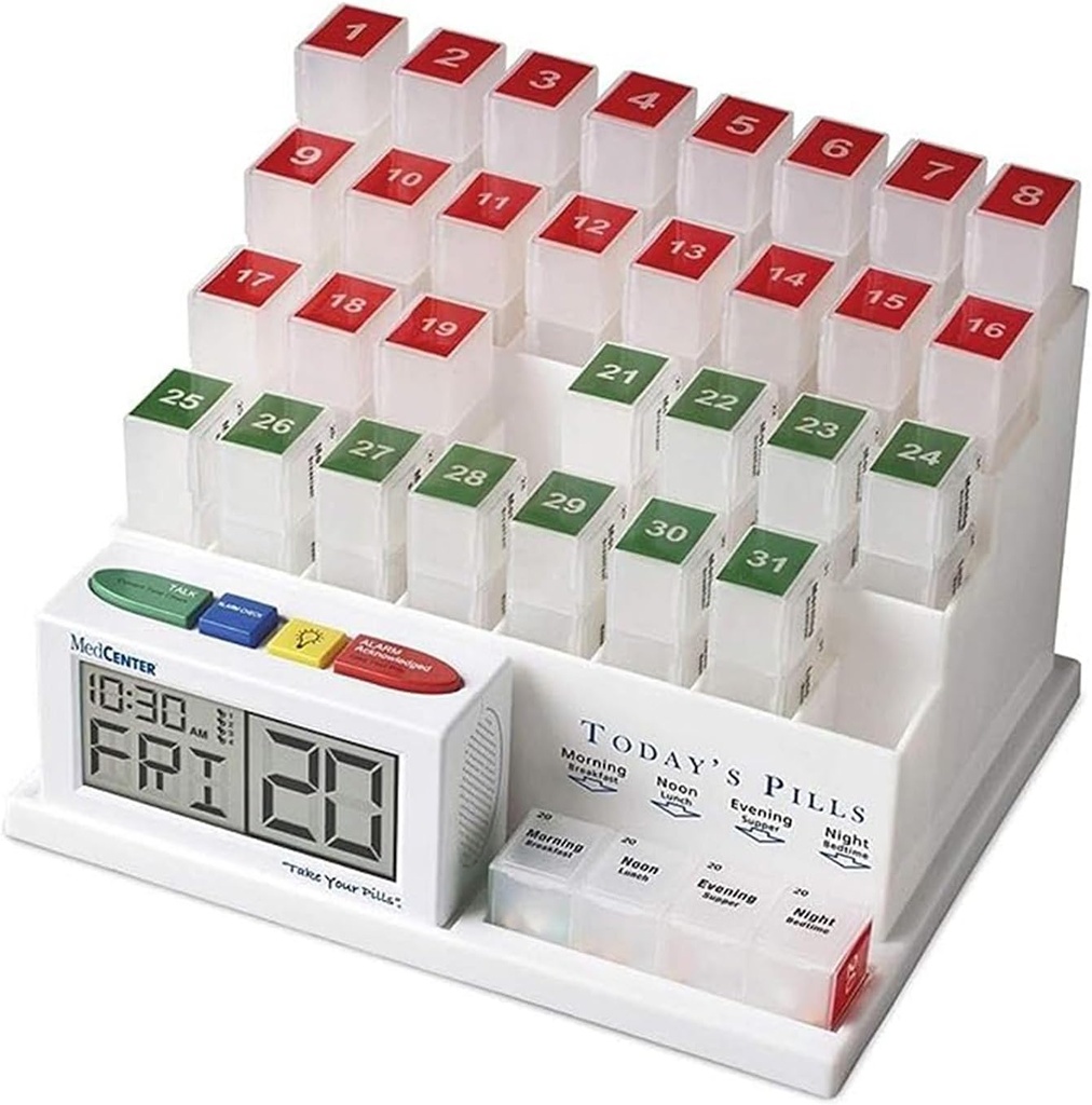 Medcenter Monthly Pill Organizer System 4 fois par jour, 31 jours Pill Organizer Box with Talking Alarm Reminding System, Monthly Pill Box for Daily Medicament, Don pour maman, papa, personnes âgées