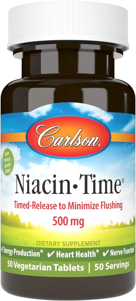 Carlson - Niacin-Time, temps de libération, 500 mg, vitamine B-3, cholestérol Métabolisme, production d'énergie, santé cardiaque, 50 comprimés