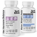 Youth & Tonic PMS & Ménopause Bloating Relief Duo – Support pour le puffines, l'équilibre hormonal et la rétention des fluides – Son bilan hormonal + poids de l'eau loin Herbes naturelles pour les femmes, 90 Capsules