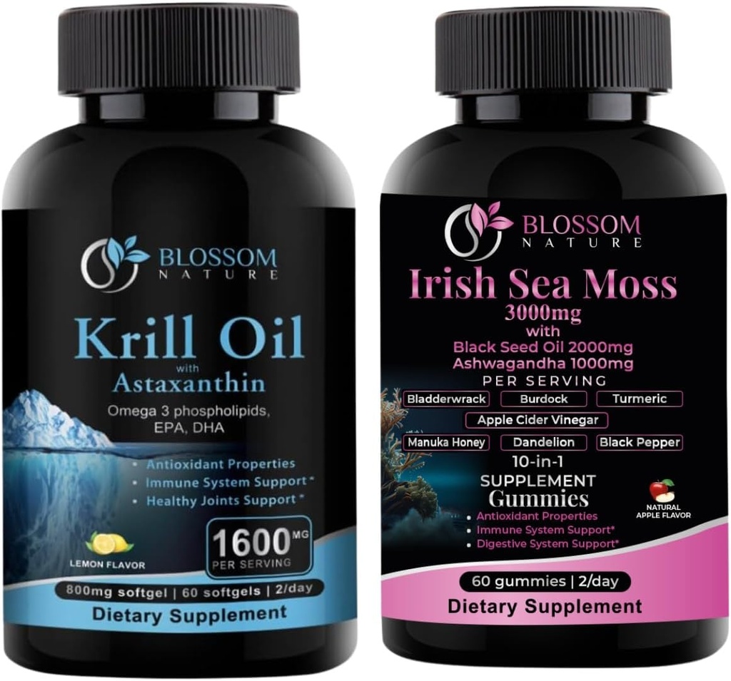 Huile de krill de l'Antarctique 1600mg avec l'astaxanthine 2mg et la mousse de mer d'Irlande 3000mg avec l'huile de graines noires et Ashwagandha 2000mg