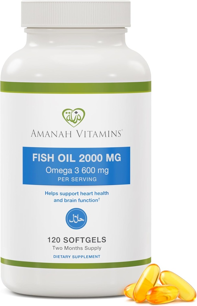 Huile de poisson Halal Omega-3 2000mg, 120 Softgels, certifié Halal (ISNA approuvé), non-OGM, sans gluten, haut supplément EPA et DHA Omega 3