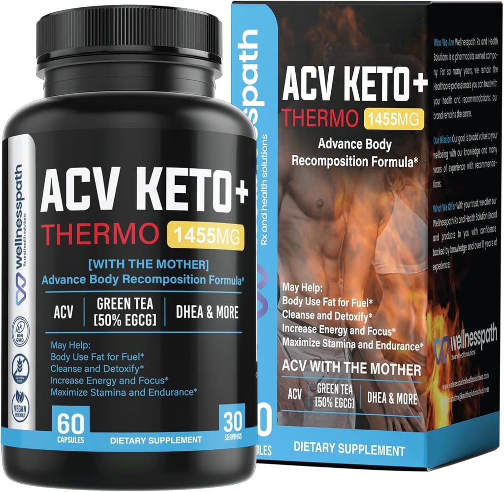 ACV Keto Suppléments, Mères vinaigre de cidre de pomme (1455 Mg) Pills pour le métabolisme et le soutien de l'appétit, THERMO ACV Keto Pills pour la perte de poids et la graisse Belly, Capsules de réduction adultes pour les femmes hommes