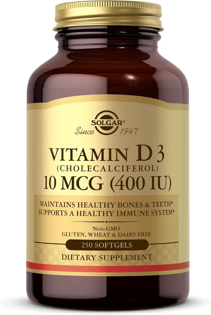 Solgar Vitamine D3 (Cholecalciferol) 10 MCG (400 UI), 250 Softgels - Aide à maintenir des os et des dents sains - Système immunitaire - Non-OGM, sans gluten, sans lait - 250 portions