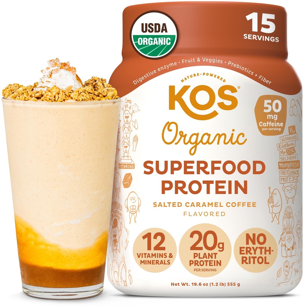 KOS Poudre de protéines végétaliennes, café caramel salé - Mélange de protéines de pois à faible teneur en glucides, superaliments biologiques riches en vitamines et minéraux - Keto, sans produits laitiers - Remplacement des repas pour les femmes et les hommes - 15 portions