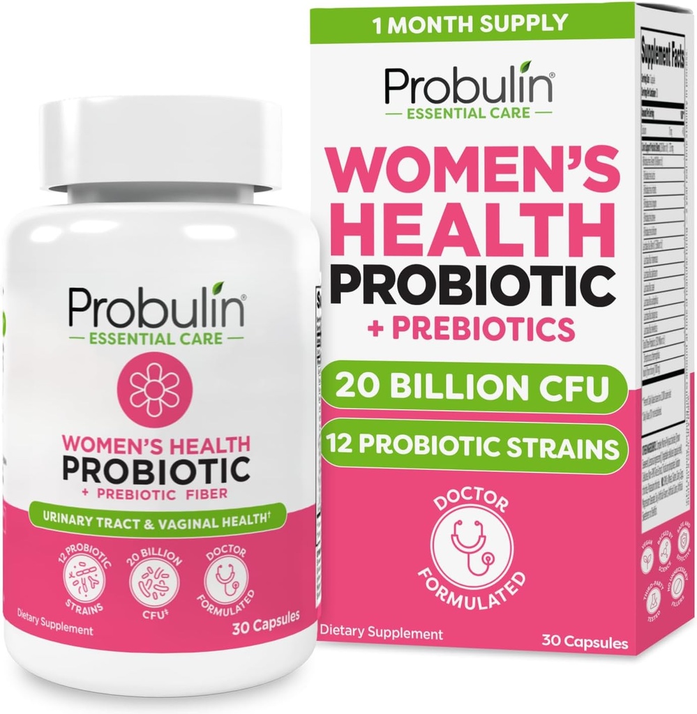 Probiotique pour femmes probulines - Santé vaginale, UT, Gut et immunitaire avec Lactobacillus Reuteri - 20 milliards CFU, 12 souches probiotiques et prébiotiques - 30 gélules Vegan, sans gluten pour le bien-être des corps entiers