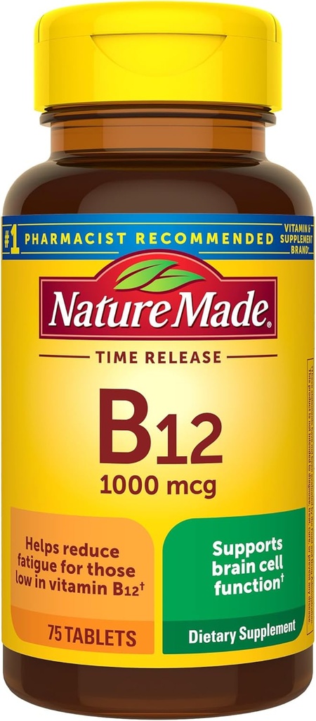 Nature faite de vitamine B12 1000 mcg, supplément alimentaire pour le métabolisme de l'énergie, 75 comprimés de libération de temps, 75 jours de réserve