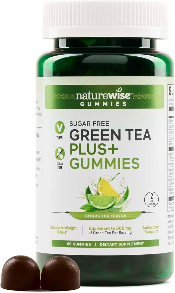 Gommies de thé vert NatureWise - Keto, sans sucre - soutient les objectifs de remise en forme pour les femmes et les hommes - 500mg Thé vert + Cétones framboises, Garcinia Cambogia - Vegan, Pas de gluten - 60 Compte[1-Mois]