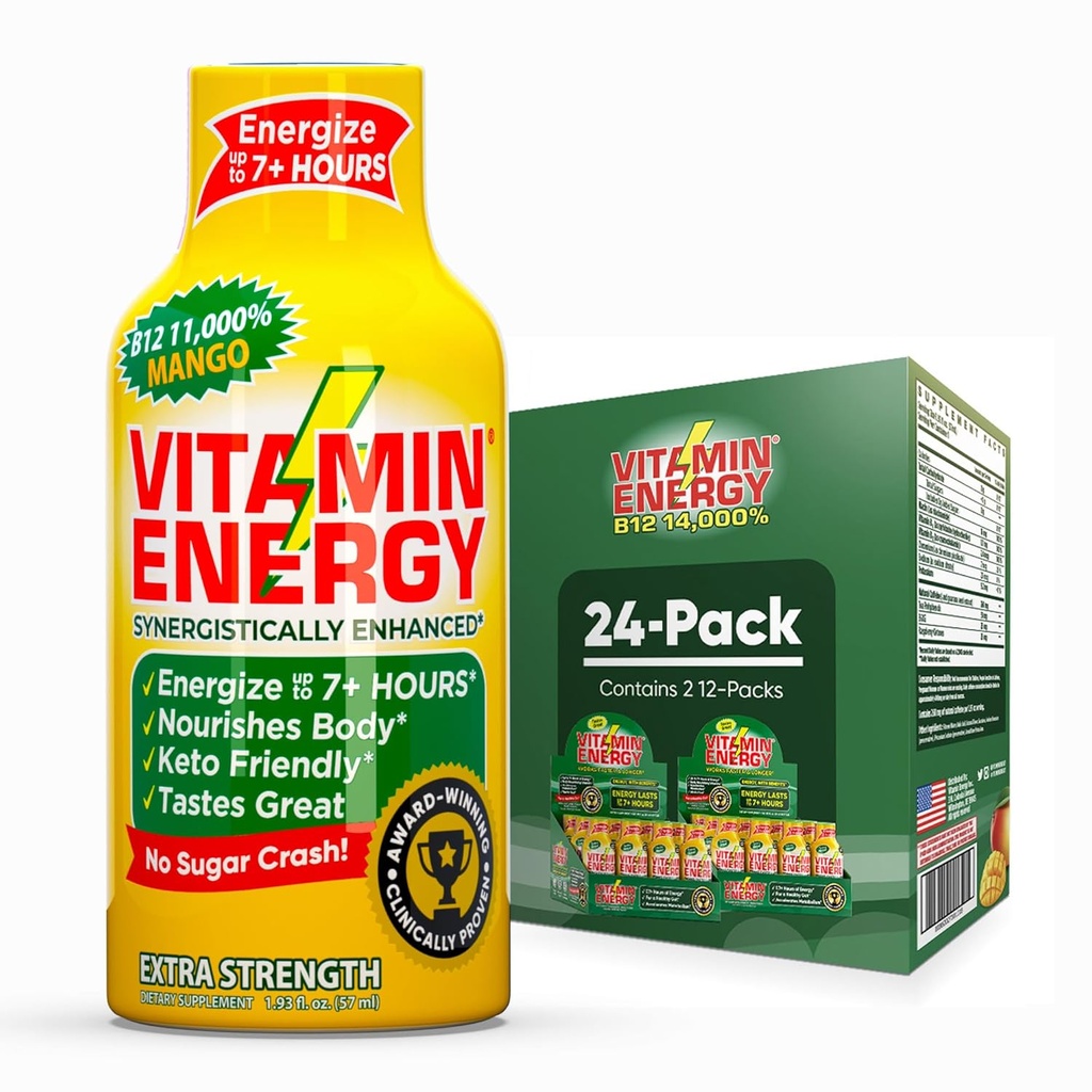 Vitamine Energy B12 11,000% Extra Strength Energy Shot Mango 24 Pack, 260mg Caféine naturelle, B12 & B6, Nootropic Focus, Vitalité, Zéro Sucre, Sans gluten, Vegan, Kosher, 1.93 fl oz