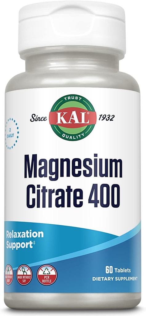 KAL Citrate de magnésium 400mg, supplément de magnésium pour une fonction musculaire saine, relaxation, nervosité et soutien de la circulation, désintégration rapide ActivTabs, végétalien, sans gluten, 30 portions, 60 comprimés
