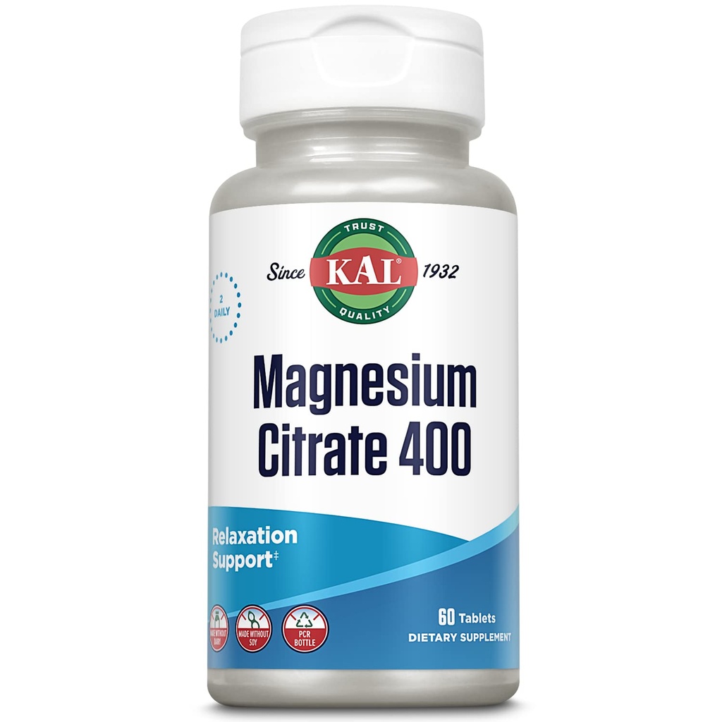 KAL Citrate de magnésium 400mg, supplément de magnésium pour une fonction musculaire saine, relaxation, nervosité et soutien de la circulation, désintégration rapide ActivTabs, végétalien, sans gluten, 30 portions, 60 comprimés