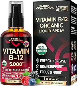 USDA Organic Vitamin B12 Sublingual Spray - 5000 mcg Liquid Vegan Methylcobalamin for Women & Men - Energy Boost, Focus & Mood, Brain Health Support - Maximize Absorption - 2 Month Supply, 2 fl oz