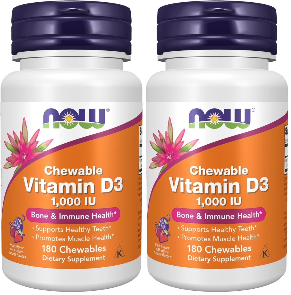 Suppléments, vitamine D-3 1 000 UI, saveur de fruits naturels, soutien structurel*, 180 à croquer (paquet de 2)