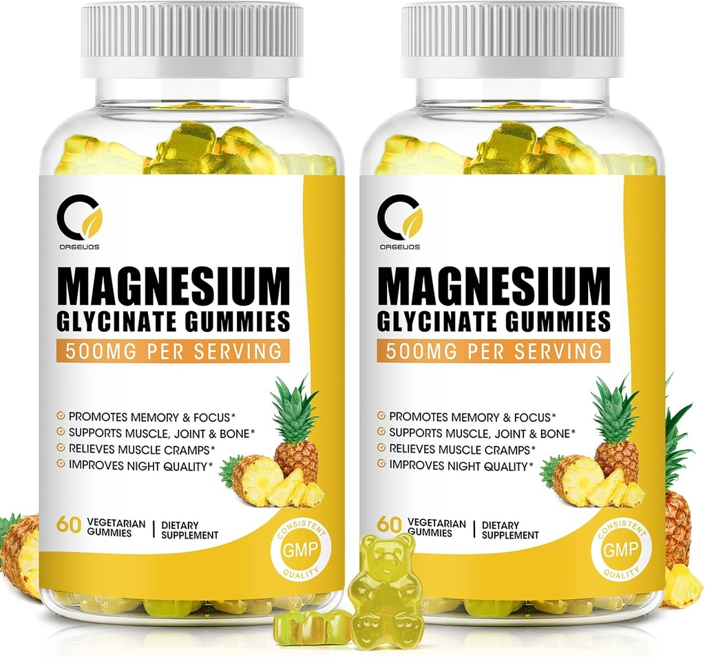 (2 Pack) Magnesium Glycinate Gummies 500mg, High-Absorption Magnesium Supplement with Calcium & Vitamins, Support Bone, Muscle, Night, Memory & Mood, Vegan, Non-GMO, 60 Counts, Pineapple Flavor