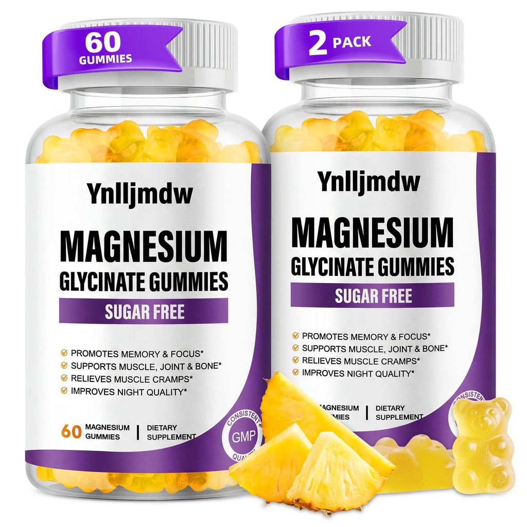 (2 packs) Glycinat de magnésium Gommies 500mg, supplément de magnésium à haute absorption avec calcium et vitamines, soutien os, muscles, nuit, mémoire et l'humeur, végétalien, non-OGM, 60 comtes, saveur d'ananas