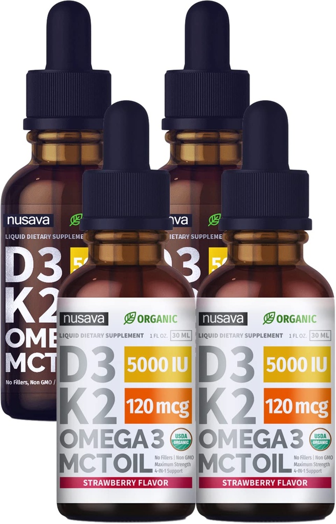 (4 pack) Vitamine D3 K2 gouttes non aromatisées et parfumées de fraise - Résistance maximale Vitamine D Liquide 5000 UI avec huile MCT Oméga 3 - Pas de remplissage, liquide non OGM D3 pour le soutien immunitaire, 2 Fl Oz chacun