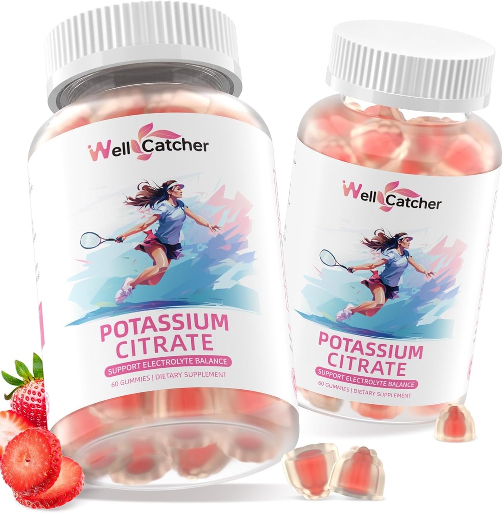 Citrate de potassium Gommies pour adultes Hommes Femmes - supplément de potassium élevé 500 MG sans sucre Soutien Electrolyte Balance Jambes Crampes Vegan Non-OGM Bio Fraise Flavor 2 Packs
