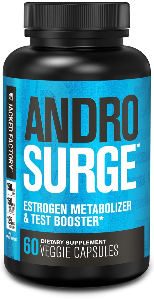 Blocker d'androsurge d'usine Jacked pour les hommes - Booster de testostérone naturel pour les hommes et le métabolisme d'estrogène avec Tongkat Ali, DIM, Long Jack & More - Booster de test et constructeur de muscles - 60 comte