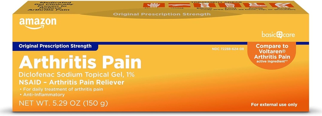 Soins de base Arthrite Gel de soulagement de la douleur, Diclofenac Gel topique de sodium, 1% (AINS), 5,29 Oz (150 grammes) (Les emballages peuvent varier)