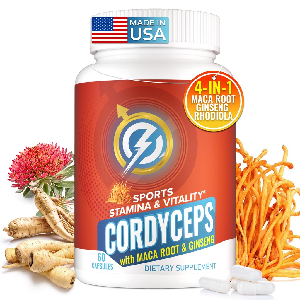 Cordyceps Capsules de champignons - Supplément de soutien immunitaire et énergétique avec Cordyceps Militaris, Maca Root, Ginseng, Rhodiola, Supplément de champignons pour l'endurance, l'endurance, la performance athlétique, 60 capsules