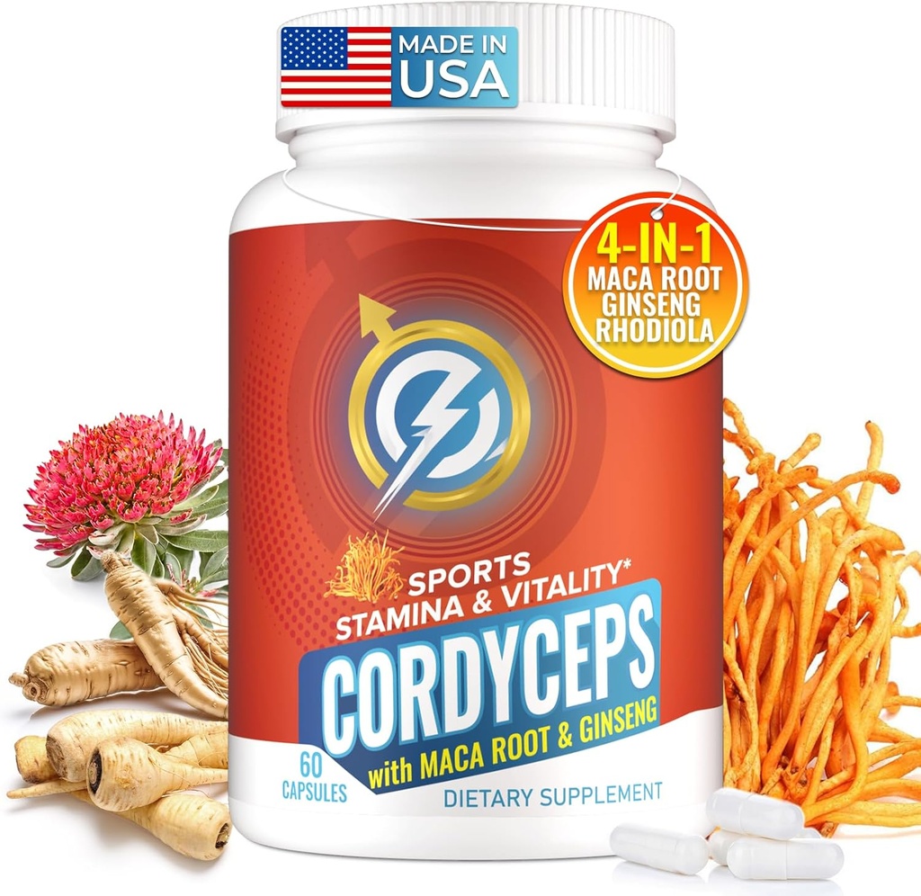 Cordyceps Capsules de champignons - Supplément de soutien immunitaire et énergétique avec Cordyceps Militaris, Maca Root, Ginseng, Rhodiola, Supplément de champignons pour l'endurance, l'endurance, la performance athlétique, 60 capsules