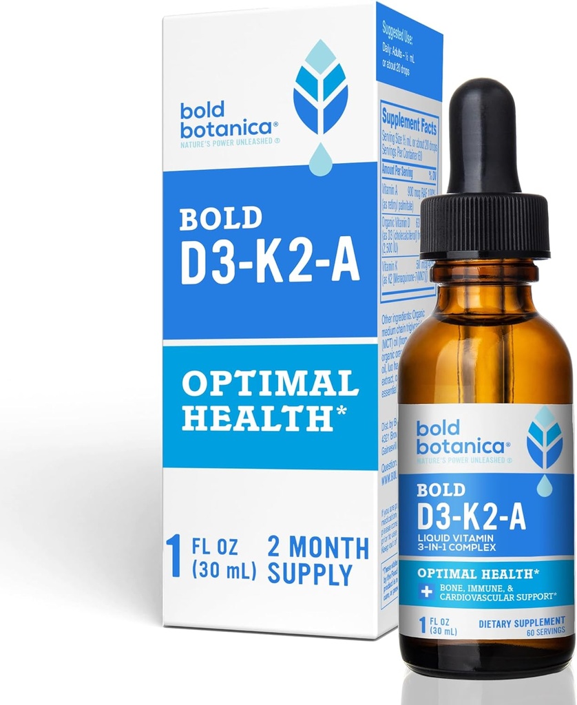 Bold Botanica D3-K2-A, Complexe Vitamine liquide, Vegan D3 d'algues organiques avec vitamine K2 (MK7) et A pour le soutien immunitaire, saveur orange naturelle, goûts délicieux, 1 FL OZ. (30mL)