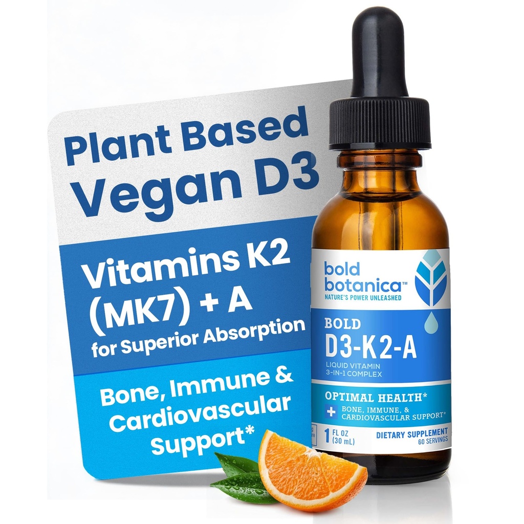 Bold Botanica D3-K2-A, Complexe Vitamine liquide, Vegan D3 d'algues organiques avec vitamine K2 (MK7) et A pour le soutien immunitaire, saveur orange naturelle, goûts délicieux, 1 FL OZ. (30mL)