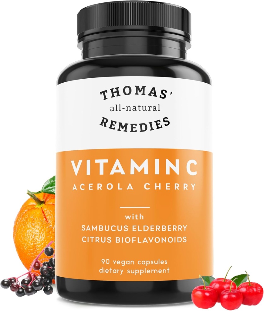 Thomas's all-natural Remedies Vitamine C with Organic Elderberry, Bioflavonides d'agrumes organiques - Complément alimentaire entier - Non-OGM - Végétalien brut - 90 Capsules