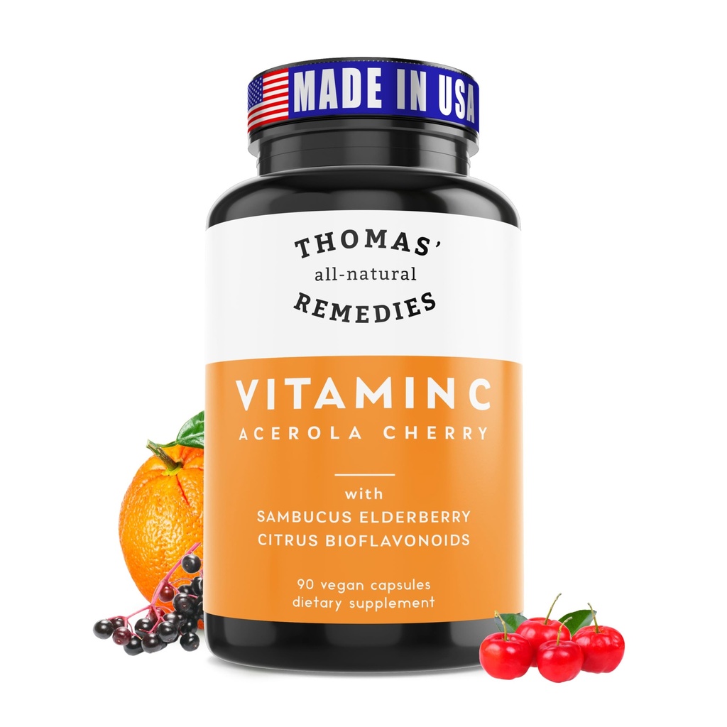 Thomas's all-natural Remedies Vitamine C with Organic Elderberry, Bioflavonides d'agrumes organiques - Complément alimentaire entier - Non-OGM - Végétalien brut - 90 Capsules