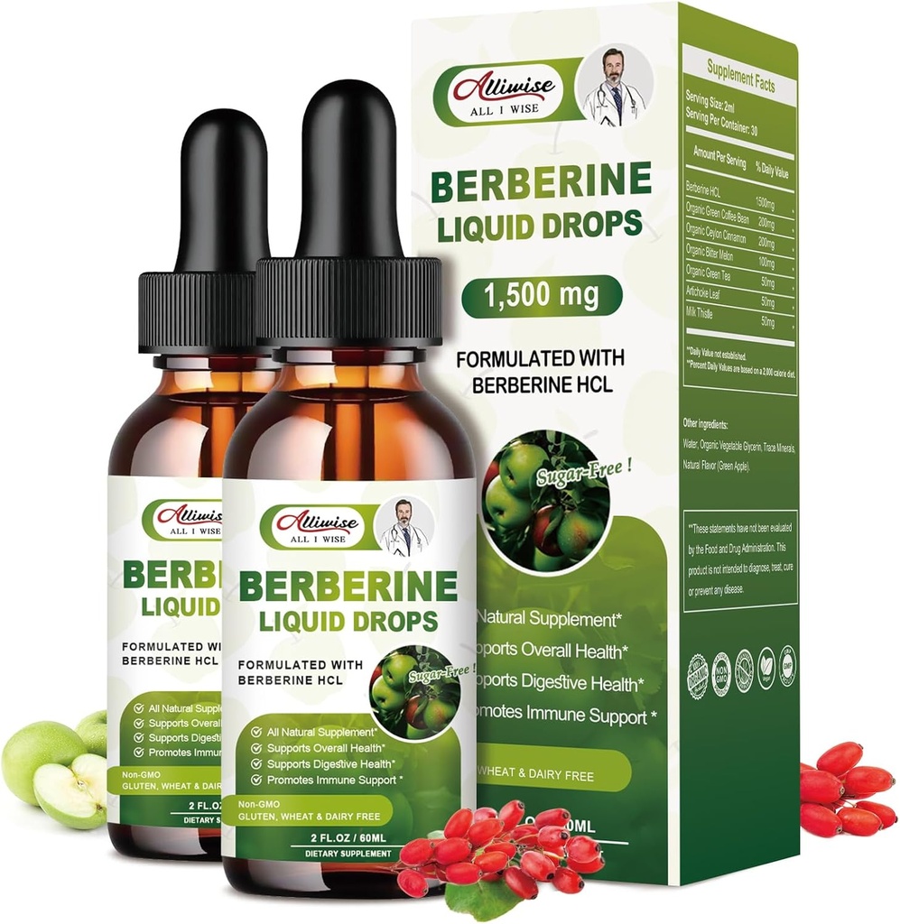 2 Pack Berberine Supplément gouttes liquides pour système immunitaire et systèmes digestifs - Premium Berberine HCL 1500mg avec cannelle Ceylan pur -4 Fl Oz