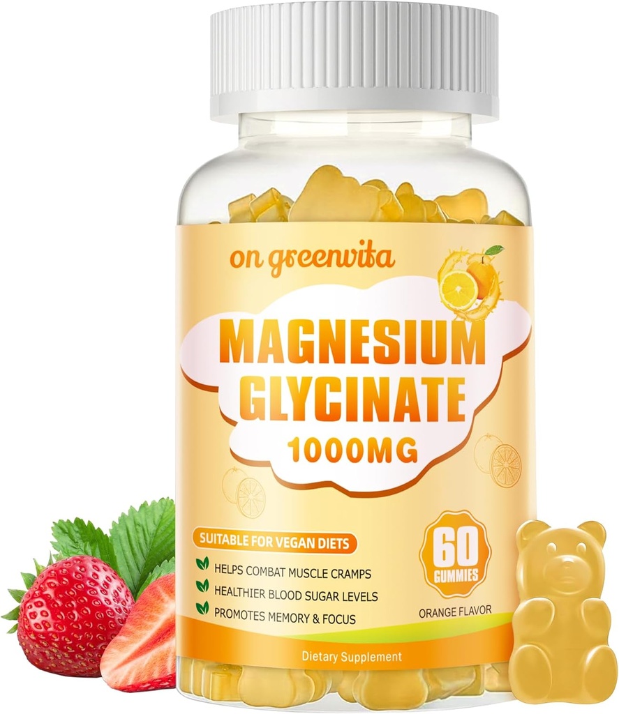 Glycinat de magnésium Gommies 1000mg - Supplément de potassium de magnésium sans sucre avec vitamine D, B6, CoQ10 pour l'humeur calme et le soutien du sommeil - 60 Gommies d'orange
