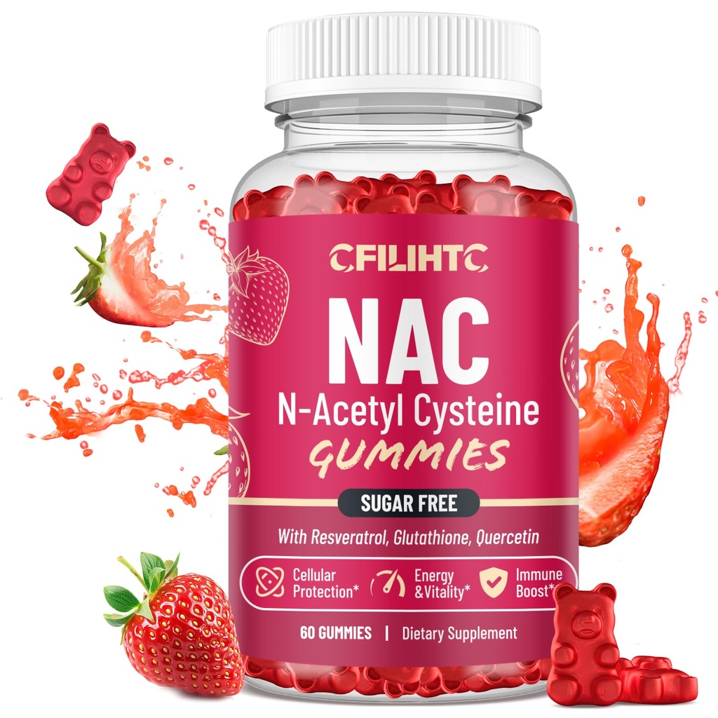 FCILIHTC NAC Gummies 600mg, N Acetyl Cysteine Supplément avec glutathion, resvératrol, Magnésium, CoQ10, NAC Chewable pour les antioxydants et le soutien immunitaire, Fraise Flavor 60 Gummies
